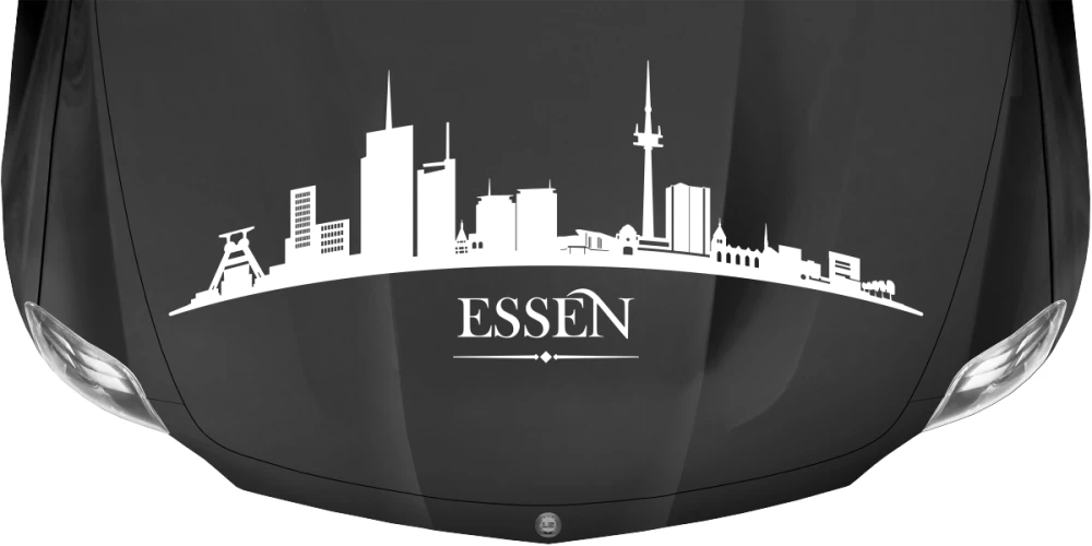 Wohnwagenfolie Skyline Essen auf dunkler Motorhaube - Ansicht Farbauswahl