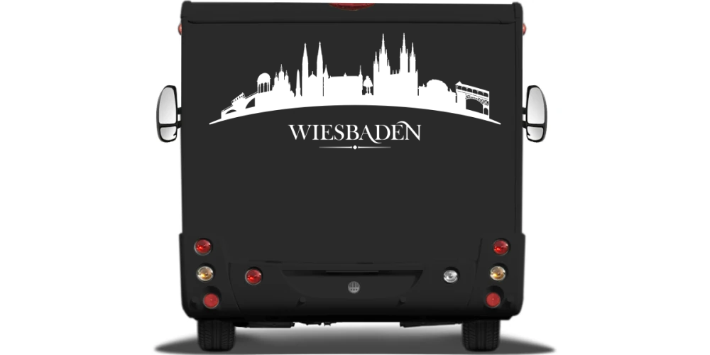 Wohnwagenaufkleber Skyline Wiesbaden auf Heck von Wohnmobil oder Wohnwagen - Ansicht Farbauswahl Wohnwagenaufkleber Skyline Wiesbaden auf Heck von Wohnmobil oder Wohnwagen - Ansicht Farbauswahl