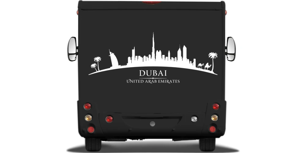 Wohnmobilsticker Skyline Dubai auf Heck von Wohnmobil oder Wohnwagen - Ansicht Farbauswahl Wohnmobilsticker Skyline Dubai auf Heck von Wohnmobil oder Wohnwagen - Ansicht Farbauswahl