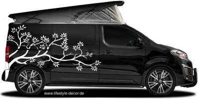 Autoaufkleber mit Ast und Blättern auf dunklem Camper - Ansicht Farbauswahl