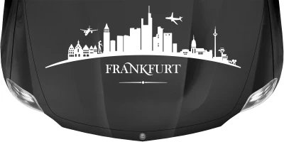 Skyline von Frankfurt als Caravansticker auf dunkler Motorhaube - Ansicht Farbauswahl