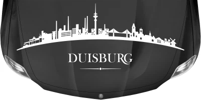 Wohnmobildekor Skyline Duisburg auf dunkler Motorhaube - Ansicht Farbauswahl