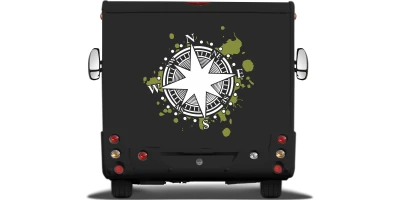 Aufkleber fürs Wohnmobil mit Kompass und Farbklecks auf Heck von Wohnmobil oder Wohnwagen