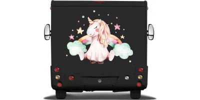 Autoaufkleber Einhorn im Digitaldruck auf Heck von Wohnmobil