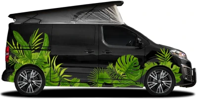 Autoaufkleber Dschungel Pflanzenset zur individuellen Platzierung auf dunklem Campervan