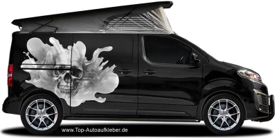 Camperaufkleber Totenschädel Splash auf dunklem Van in Wunschfarbe