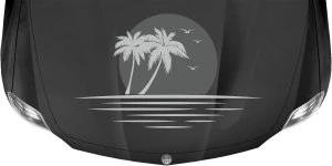 Mobile Preview: Hochwertiger Sticker für dunkle Motorhauben mit Sonne, Palmen und Meer
