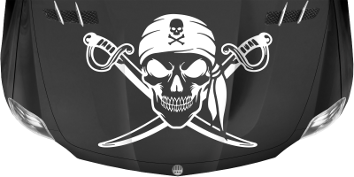 Aufkleber Totenkopf mit gekreuzten Schwertern auf dunkler Motorhaube - Farbauswahl