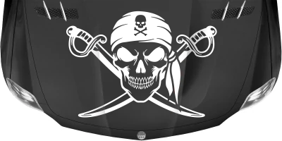Aufkleber Totenkopf mit gekreuzten Schwertern auf dukleler Motorhaube - Farbauswahl