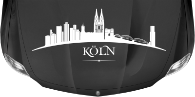 Skyline der Stadt Köln als Aufkleber für Wohnwagen auf dunkler Motorhaube - Ansicht Farbauswahl