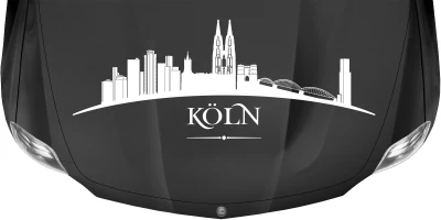 Skyline der Stadt Köln als Aufkleber für Wohnwagen auf dunkler Motorhaube - Ansicht Farbauswahl