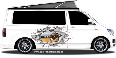 Auto Aufkleber Loch in der Mauer mit Eigenem Foto auf Fahrzeugseite von Camper