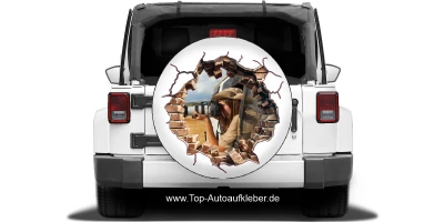 Auto Aufkleber Loch in der Steinwand mit Eigenem Foto auf Heck von einem Jeep