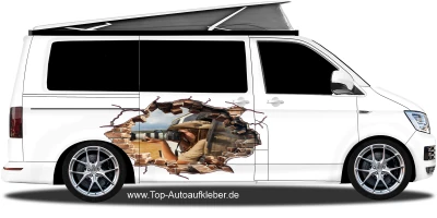 Auto Aufkleber Loch in der Steinwand mit Eigenem Foto auf Fahrzeugseite von Camper