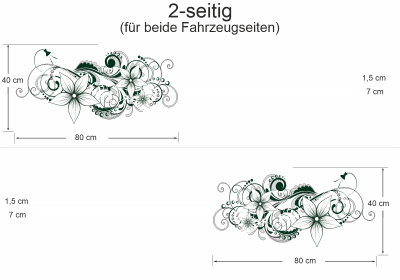 Autoaufkleber Blumenornament - Ansicht zweiseitig für beide Fahrzeugseiten und Farbauswahl