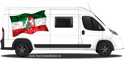 Fahne von Nordrhein-Westfalen auf Fahrzeugseite von Wohnmobil oder Kastenwagen