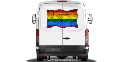 Autoaufkleber Flagge vom Regenbogenland auf Heck von Wohnmobil oder Caravan