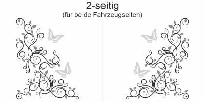 Blumenornament mit Schmetterlingen als bunter Autoaufkleber  - Ansicht zweiseitig für beide Fahrzeugseiten