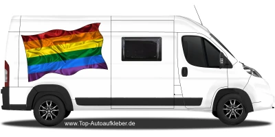 Autoaufkleber Regenbogen Fahne auf Fahrzeugseite von Wohnmobil oder Kastenwagen