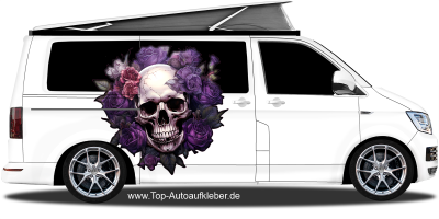 Autoaufkleber Rosen Totenkopf auf hellem Campervan