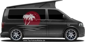Mobile Preview: Dekor mit Sonne und Palme auf schwarzem Camping Bus