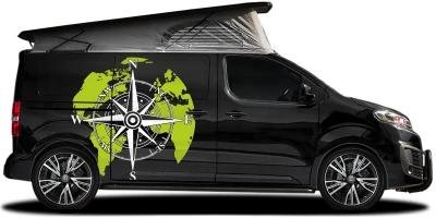 Aufkleber für Autos mit Kompass und Weltkarte auf dunklem Campervan