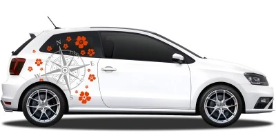 Mobile Preview: Bunter Autoaufkleber mit Kompass und Blüten für beide Fahrzeugseiten