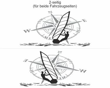 Autoaufkleber Windsurfer mit Kompassrose - Ansicht zweiseitig für beide Fahrzeugseiten