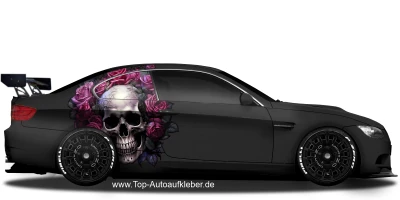 Autosticker Rosen Totenschädel auf dunklem Sportwagen