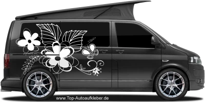 Autotattoo Blumenornament mit Schmetterling auf dunklem Camper -  Ansicht Farbauswahl