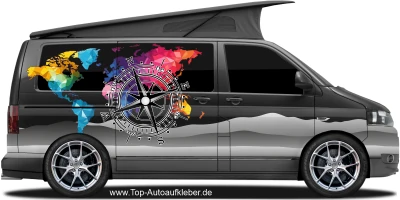Bunte Weltkarte mit Kompass Camper Aufkleber | Set für beide Fahrzeugseiten
