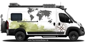Mobile Preview: Aufkleber für Reisemobil mit Weltkarte, Windrose und Klecks