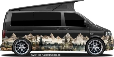 Campervan Aufkleber Malerische Berge auf Fahrzeugseite von dunklem Camper Van