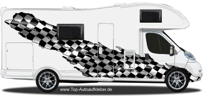 Caravanaufkleber Zielflagge auf Fahrzeugseite von Wohnmobil