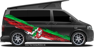 Die Flagge von Nordrhein-Westfalen auf Fahrzeugseite von dunklem Camper Van
