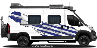 Fahne Griechenland auf Fahrzeugseite von Camper