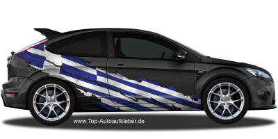 Fahne Griechenland auf Fahrzeugseite von dunklem PKW