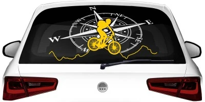 Mobile Preview: Bunter Heckscheibenaufkleber mit Kompass und Mountainbike