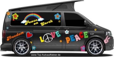 Hippie Aufkleber Set Peace & Love auf dunklem Van