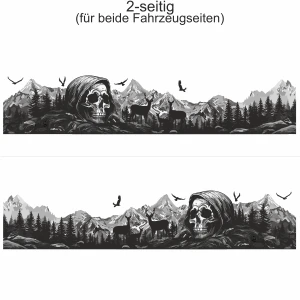 Klebefolie Bergmassiv mit Totenkopf - Ansicht zweiseitig für beide Fahrzeugseiten und Farbauswahl