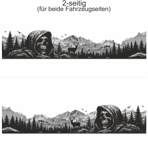 Klebefolie Bergmassiv mit Totenkopf - Ansicht zweiseitig für beide Fahrzeugseiten und Farbauswahl