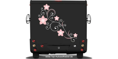Aubendekor mit buntem Blumenornament auf Heck von dunklem Wohnmobil oder Wohnwagen