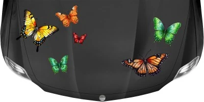 Motorhaubenaufkleber Farbenprächtiges Schmetterling Set auf dunklem Fahrzeug