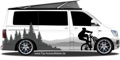 Aufkleber für Camper oder Caravan mit Mountainbike Fahrer in den Bergen