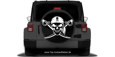 Seitenaufkleber Totenkopf mit gekreuzten Schwertern auf Radabdeckung von Jeep - Ansicht Farbauswahl