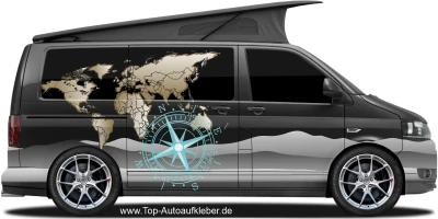 Weltkarte mit Kompass Camper Aufkleber | Set für beide Fahrzeugseiten