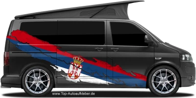 Wohnmobil Aufkleber Fahne Serbien auf Fahrzeugseite von dunklem Camper Van