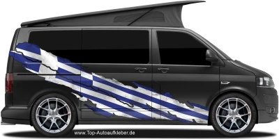 Wohnmobil Aufkleber Flagge Griechenlands auf Fahrzeugseite von dunklem Camper Van