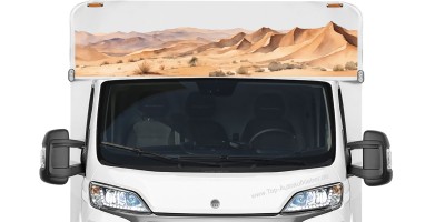 Wohnmobil Aufkleber Wüstenlandschaft auf weißer Wohnwagenfront
