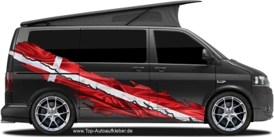 Die Flagge Dänemarks ist die offizielle dänische Nationalflagge als Aufkleber auf Fahrzeugseite von dunklem Camper Van